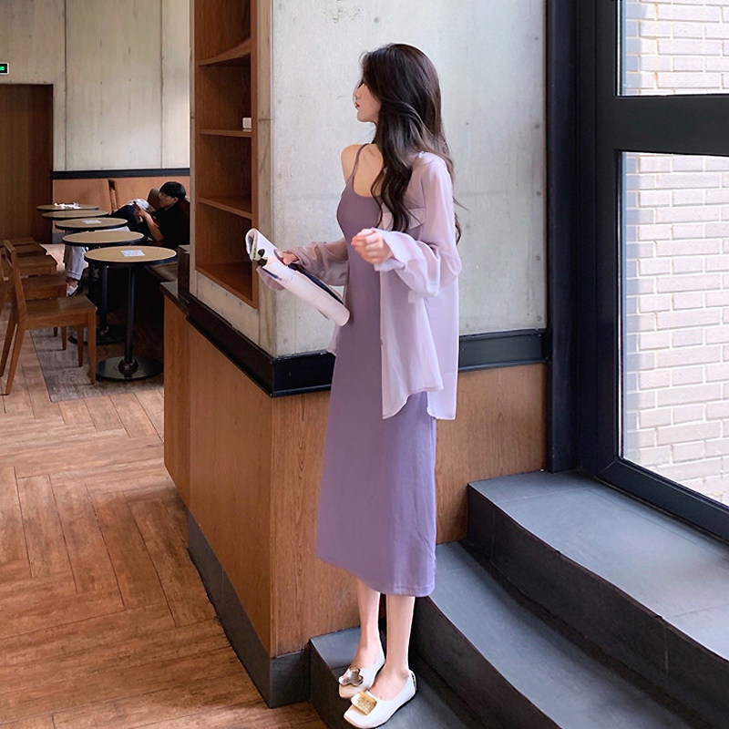 2020夏新款法式防晒两件套洋气显瘦雪纺衬衫吊带连衣长裙泫雅套装