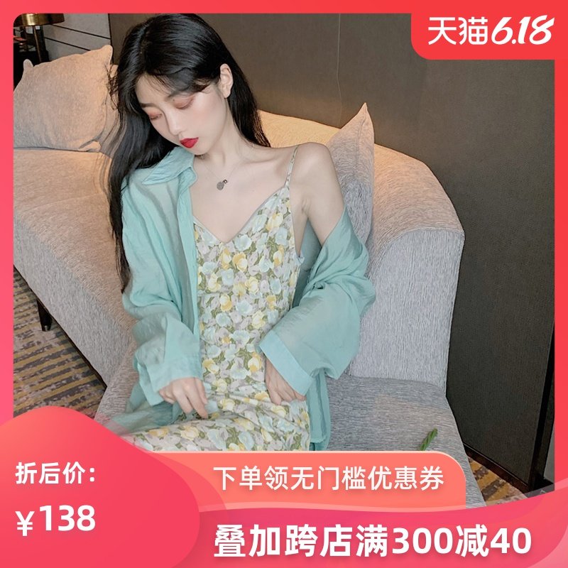 洋气网红防晒两件套连衣裙女2020夏新款衬衫雪纺碎花吊带裙套装裙