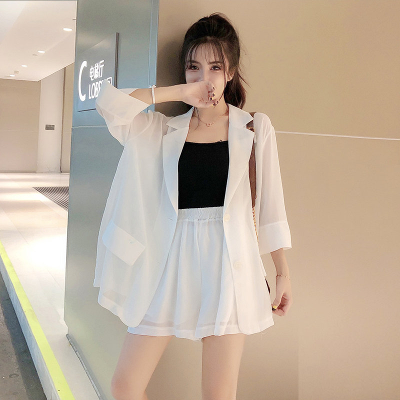 小香风西装套装女夏洋气2020新防晒雪纺外套短裤网红小个子两件套