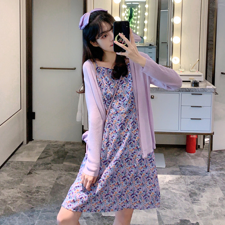 网红小雏菊套装女洋气2020新款减龄防晒开衫碎花裙小个子两件套裙