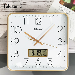 TELESONIC/天王星方形静音挂钟居家家用日历时英钟表简约客厅壁钟
