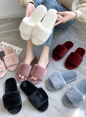 露脚趾开口棉拖鞋26新款本命年红色毛毛绒拖鞋女士冬天室内居家居