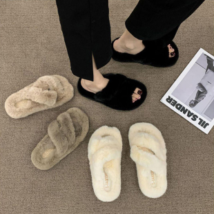 家居家室内 女士保暖防滑秋冬季 大码 厚底可外穿毛毛绒露脚趾棉拖鞋