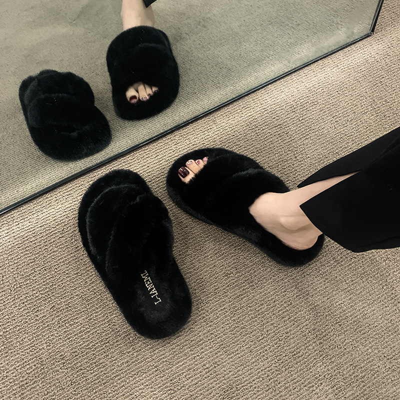 毛毛绒棉拖鞋保暖露脚趾