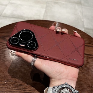 新款酒红色真素皮适用华为pura80手机壳创意新品70ultra全包镜头奢华高级感防摔mate60pro加+女款50rs超薄40