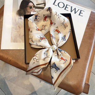 时尚百搭100%桑蚕丝珍珠磁吸扣小丝巾春秋装饰领巾护颈懒人系脖女