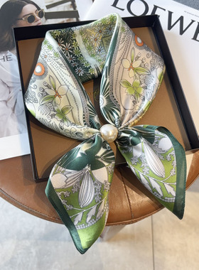 春秋新款绿色真丝珍珠磁吸丝巾女100%桑蚕丝洋气百搭懒人护颈领巾