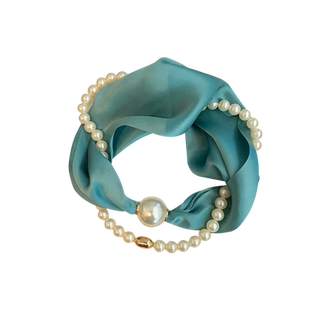 高级感纯色珍珠项链真丝丝巾女春夏薄领巾磁吸扣100%桑蚕丝锁骨链