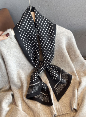 经典百搭黑色波点真丝羊毛长条飘带领巾围巾女秋冬高级感护颈围脖