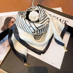 条纹百搭真丝磁吸扣小方巾丝巾女薄春秋冬100%桑蚕丝围巾护颈围脖