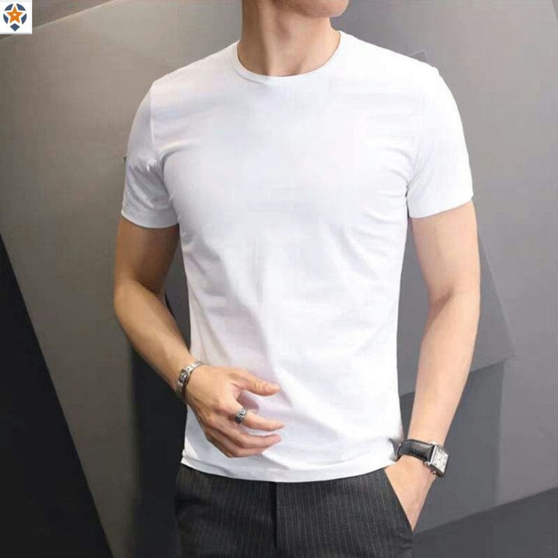 Pure white short sleeve t-shirt men's fitness slim T-shirt