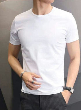 Pure white short sleeve t-shirt men's fitness slim T-shirt