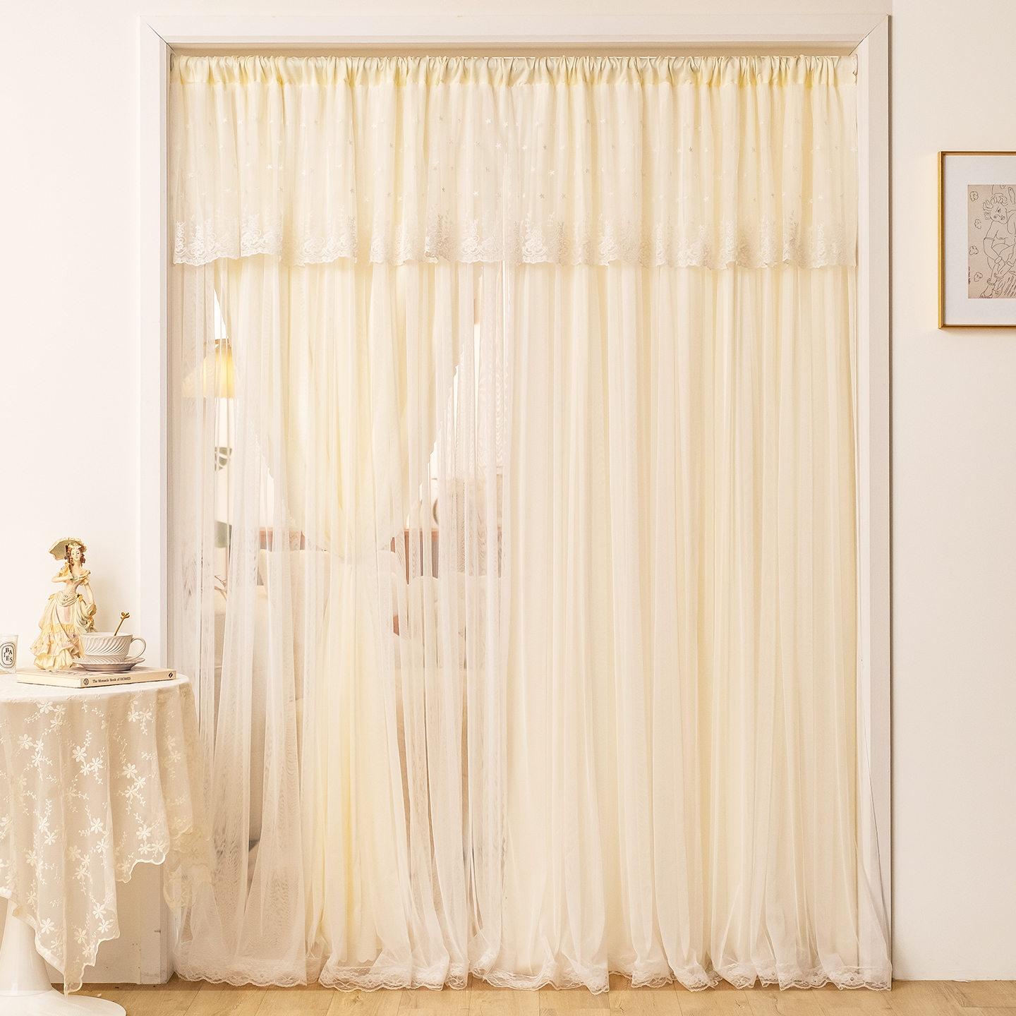 双层蕾丝纱帘门帘2025新款透光不透人奶油风窗帘免打孔柜子遮挡帘