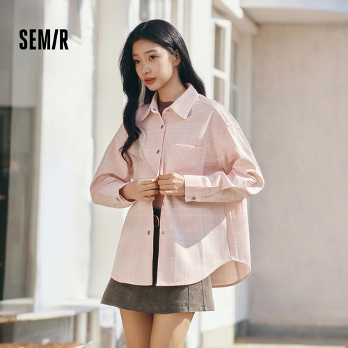 森马oversize格纹中长牛仔衬衫女