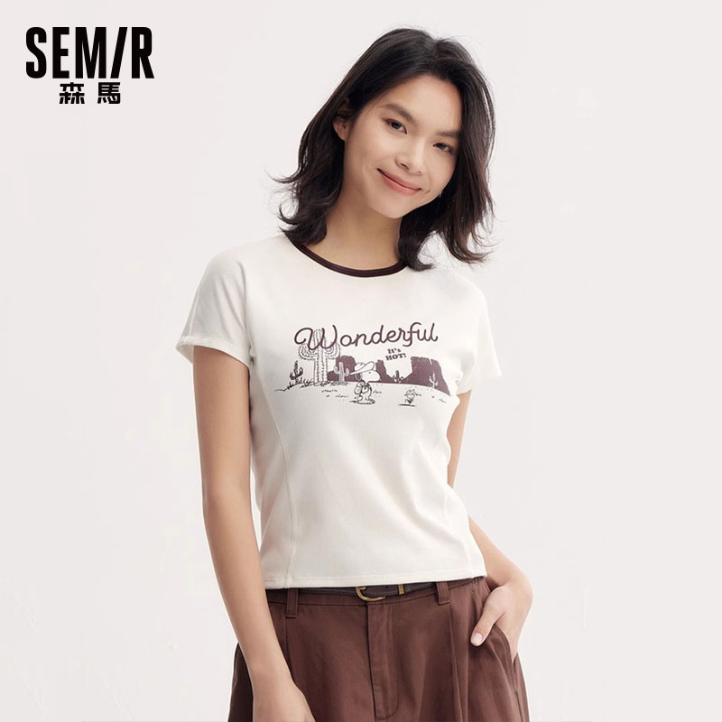 森马短袖T恤女短款紧身印花上衣