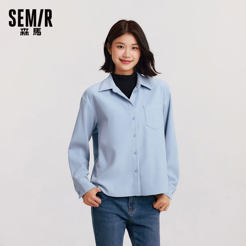 森马假两件宽松中长款长袖衬衫女