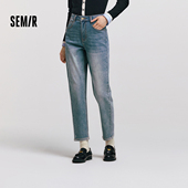 潮流复古长裤 森柔 抓毛做旧锥形裤 女士舒适时尚 森马牛仔裤 女冬季