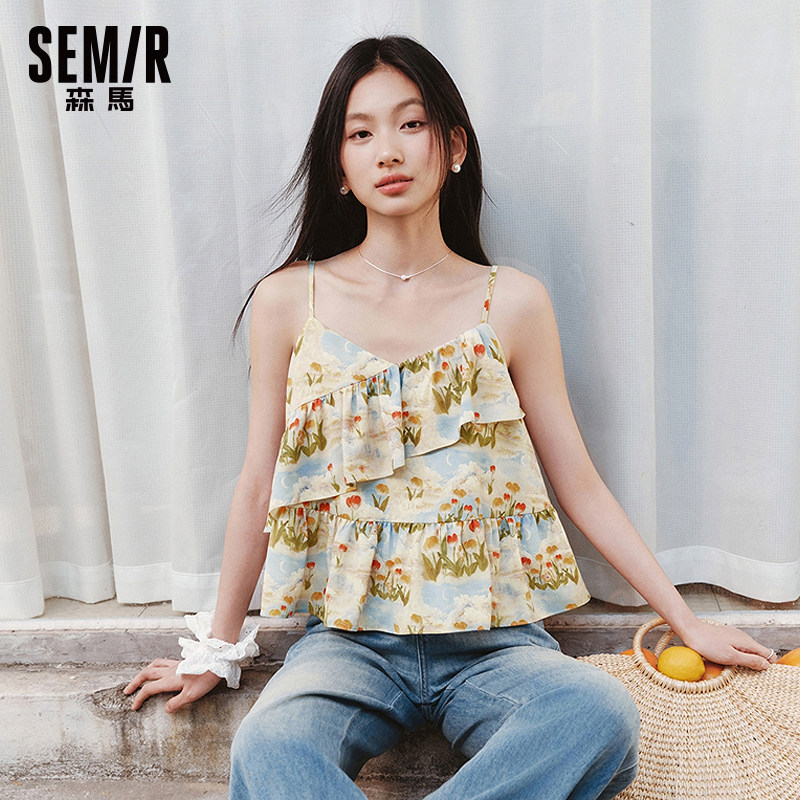 森马衬衫女生短款修身荷叶边度假风吊带上衣2025夏季新款印花小衫