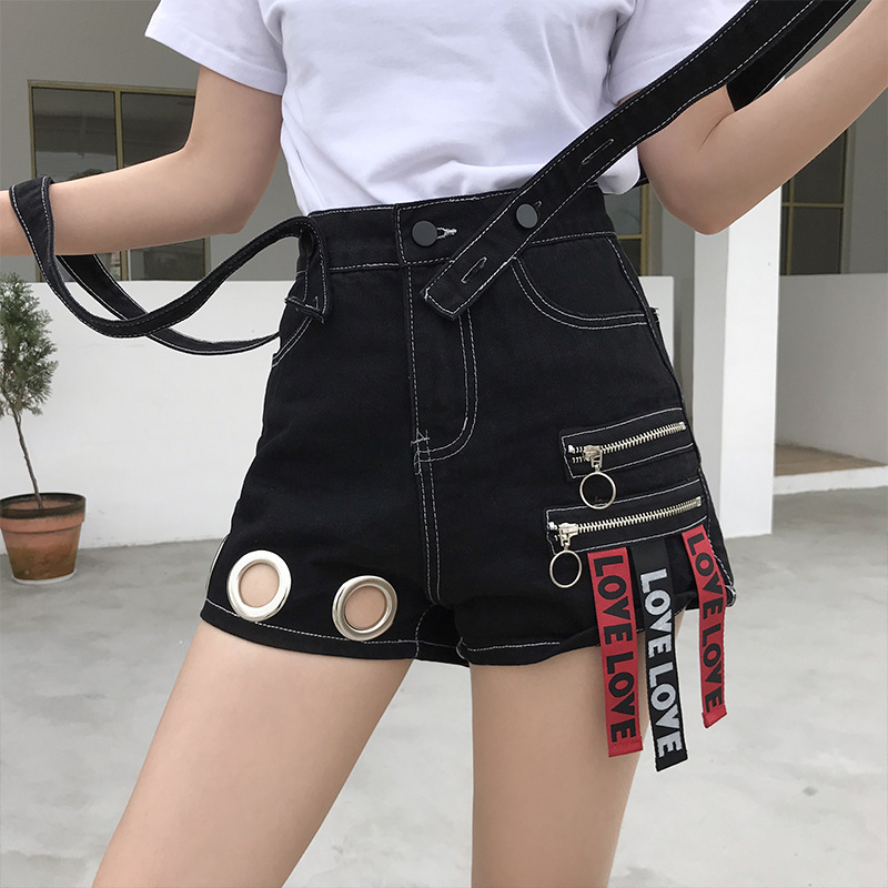 欧美风背带牛仔短裤女个性金属拉链圆环口袋格子拼接2019潮背带裤|ruв категории Женская одежда, джинсы - от Buy2taobao.com для оказания профессиональной услуги покупки агента Taobao
