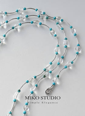 绿松石拼接白水晶银项链女轻奢原创颈链叠戴长款毛衣链