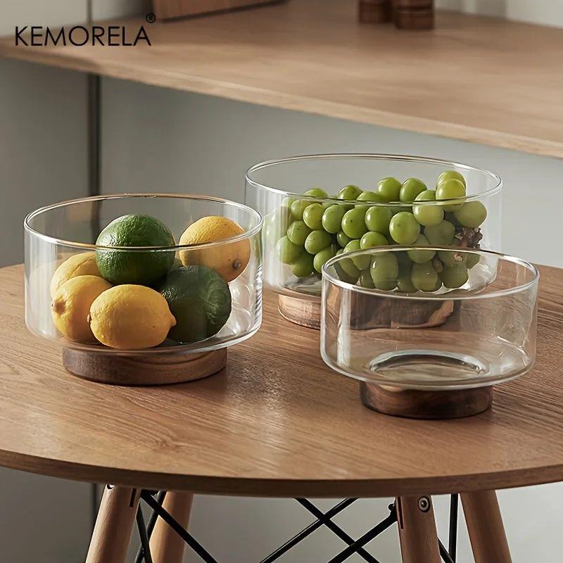 Glass Fruit Bowl Creative Large Salad Bowl Wood Base Snacks