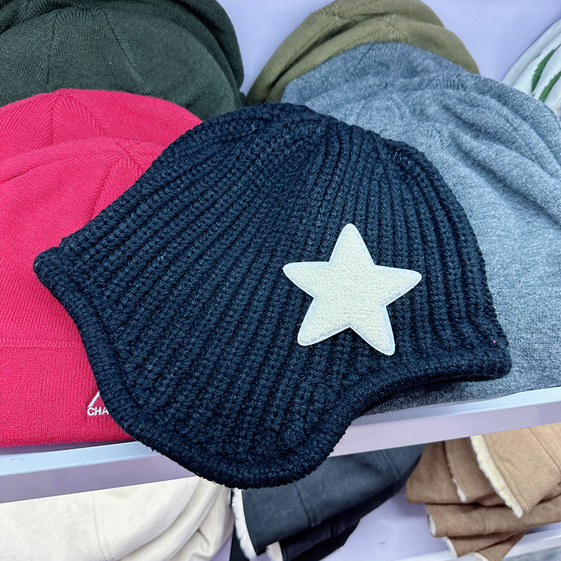 韩国代购东大门早秋新款星星粗毛线护耳针织帽女款可爱个性雷锋帽