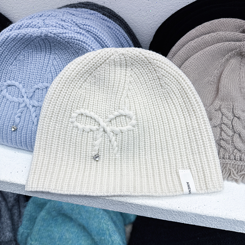 韩国代购东大门新款氛围感麻花蝴蝶结羊毛针织帽纯色保暖护耳冷帽