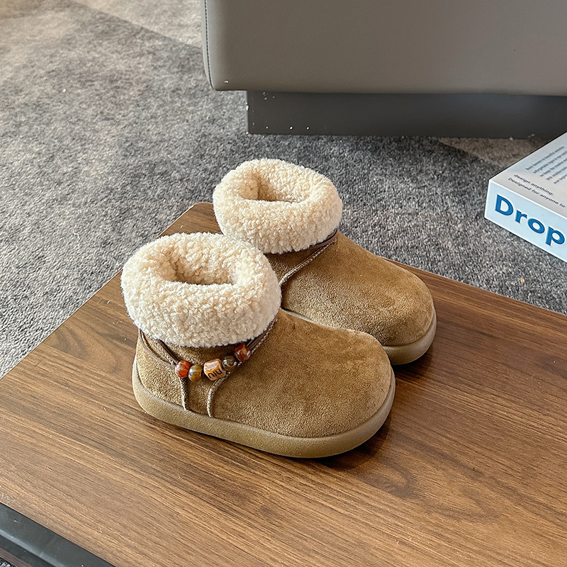 2025冬女童棕咖串珠雪地靴加绒