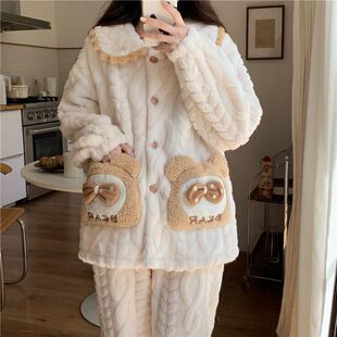 睡衣女秋冬珊瑚绒加厚保暖开衫学生甜美加绒公主风冬天外穿家居服