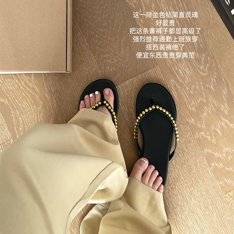 水钻凉拖鞋珍珠平底人字拖女款外穿夹脚防滑防臭海边家居室内凉鞋