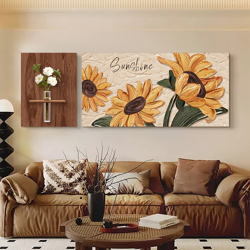 中古风客厅装饰画肌理感向日葵沙发背景墙挂画水培绿植砂岩壁画