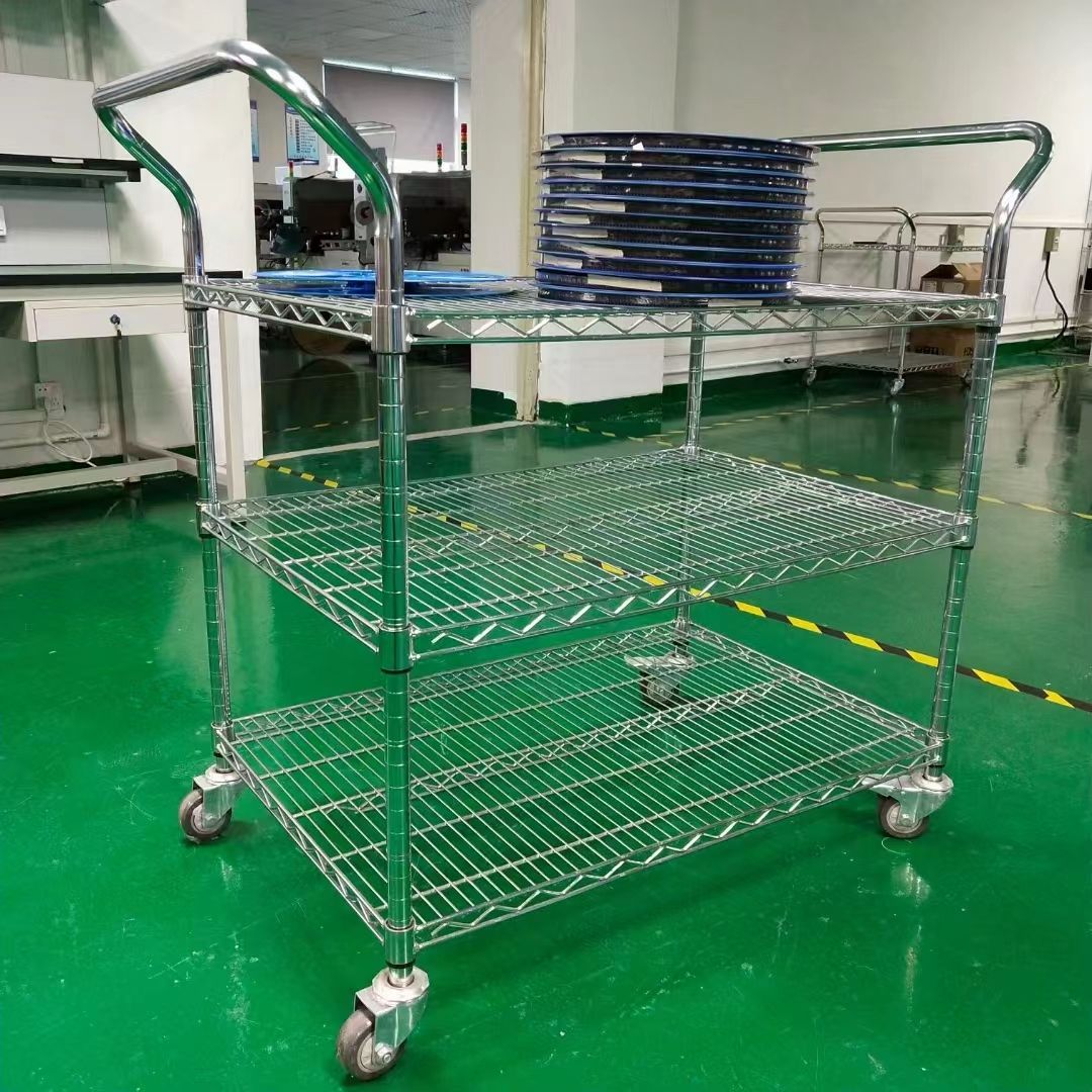 置物架摆摊折叠带轮手推车镀铬线网不锈钢加厚轱辘扶手把手新货架