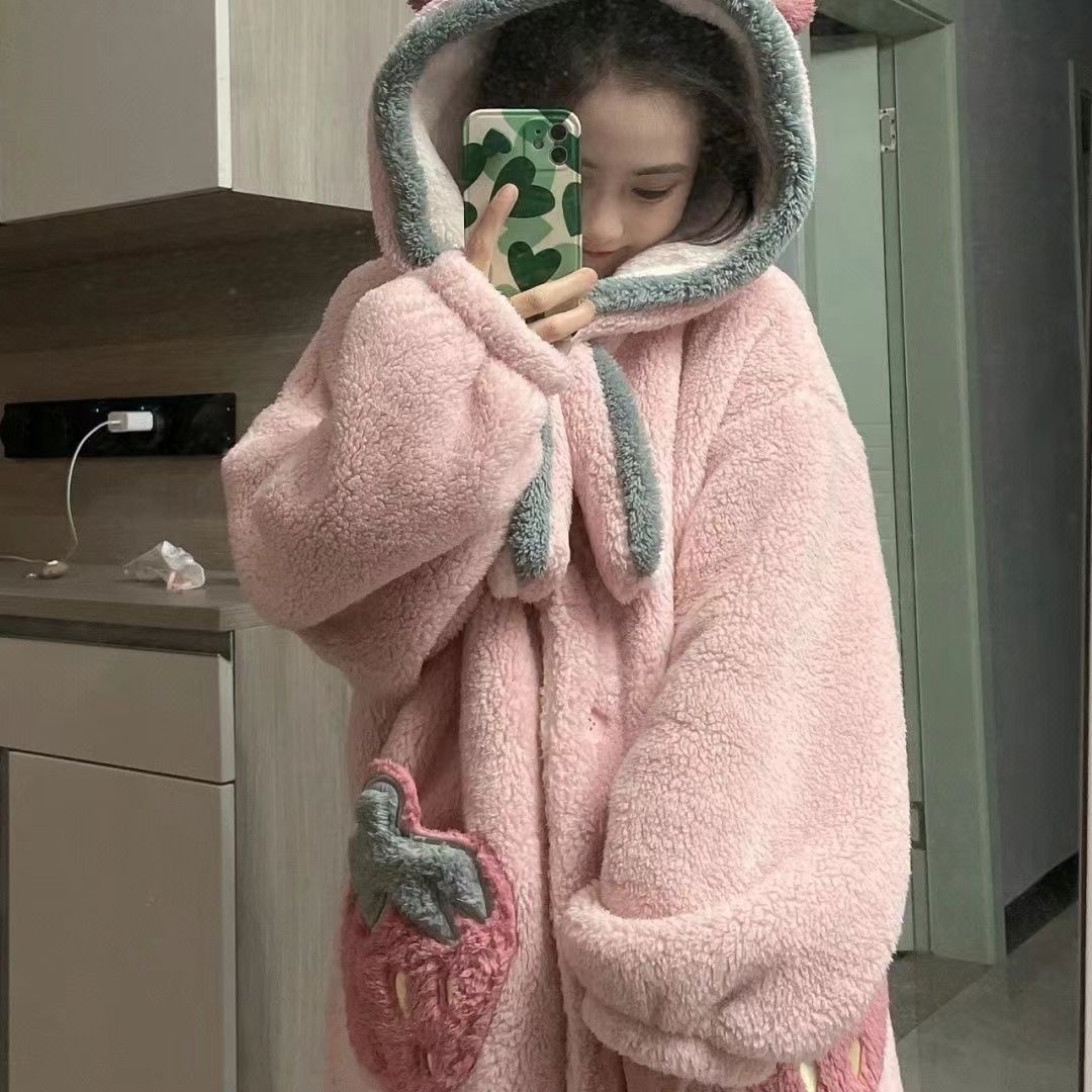 新款水果草莓睡衣女秋冬天睡袍加绒加厚珊瑚绒可外穿家居服女睡裙
