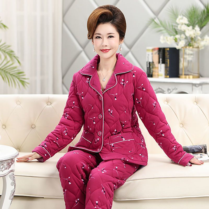 睡衣女冬季三层加厚纯棉夹棉袄加大码中老年人妈妈冬季家居服套装