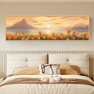 花卉装饰画风景主卧挂画北欧海上温馨夫妻床头卧室日出壁画郁金香