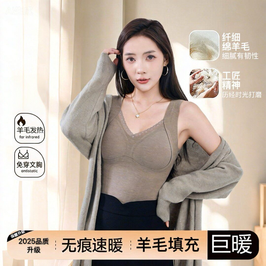 全新升级100%羊毛填充保暖背心女款无痕裁剪一体式固定杯舒适亲肤
