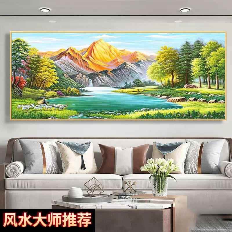 沙发客厅聚财背景西墙青绿山水新款适合挂画北聚宝盆金山油画2024