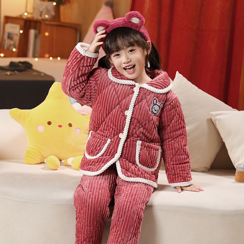 南极人儿童冬季睡衣三层套装男孩女孩宝宝加厚保暖加绒夹棉家居服