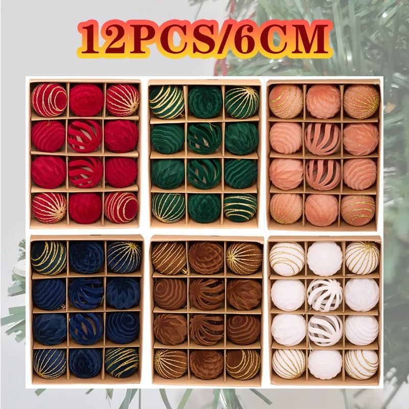 6CM 12PCS 2025 New Flocking Christmas Balls Green Red