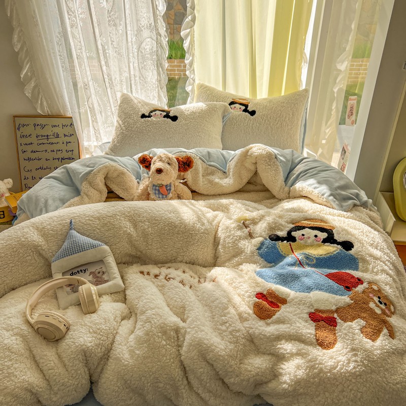 秋冬季羊羔绒毛巾绣四件套加厚学生三件套加绒被套床单可爱绣花