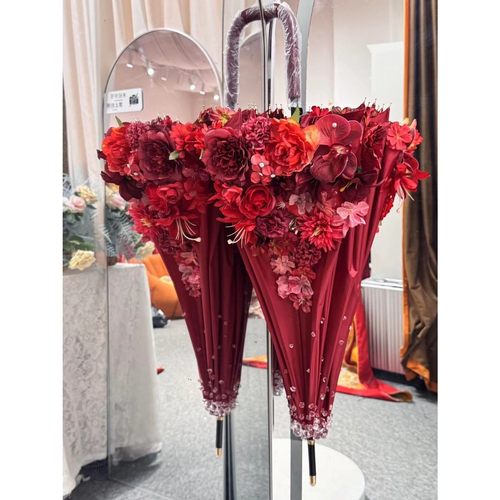 仿真花红伞成品小红书同款结婚婚伞新娘伞红色中式婚礼雨伞喜伞