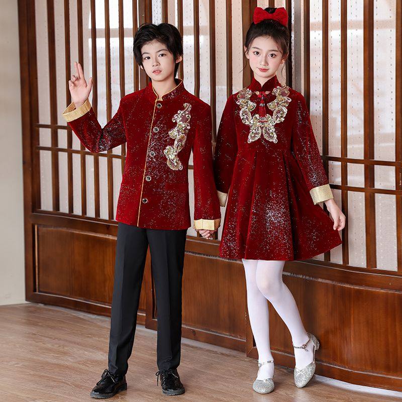 元旦儿童合唱演出服小学生诗歌朗诵比赛表演国风男女主持人礼服