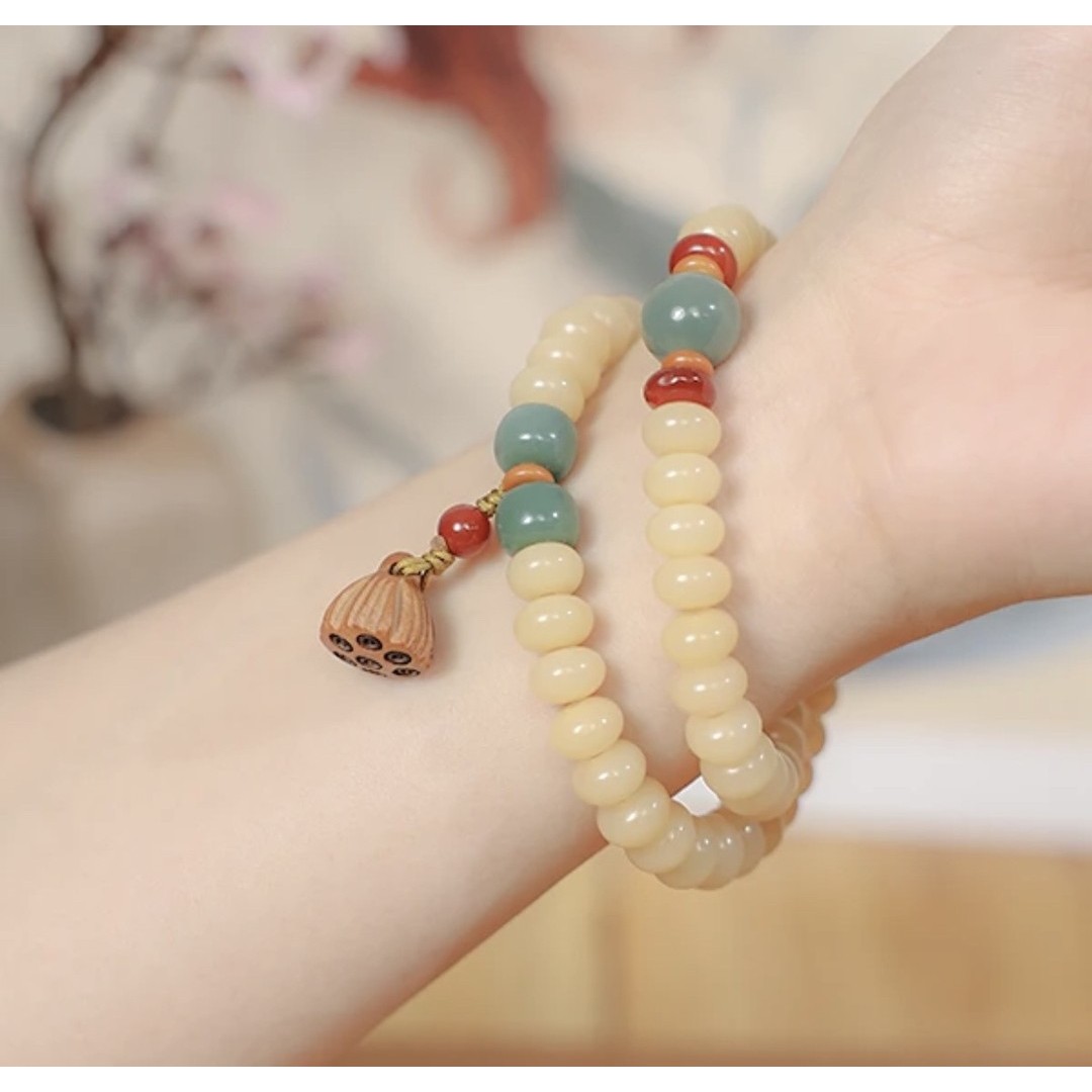 【步步莲升】老师傅纯手工奶黄菩提根双圈手串手持6/9mm(白玉菩提