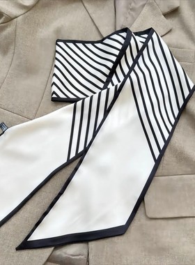 新款高级感气质长条黑白条纹丝巾女细窄简约时尚百搭夏季系脖飘带