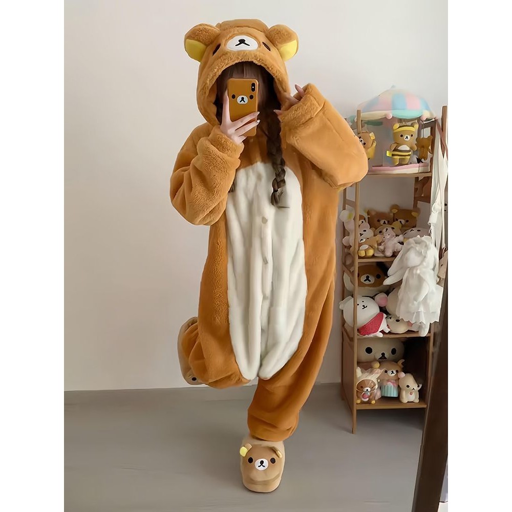 卡通轻松熊珊瑚绒连帽连体睡衣女冬季新款可爱加绒加厚家居服外出
