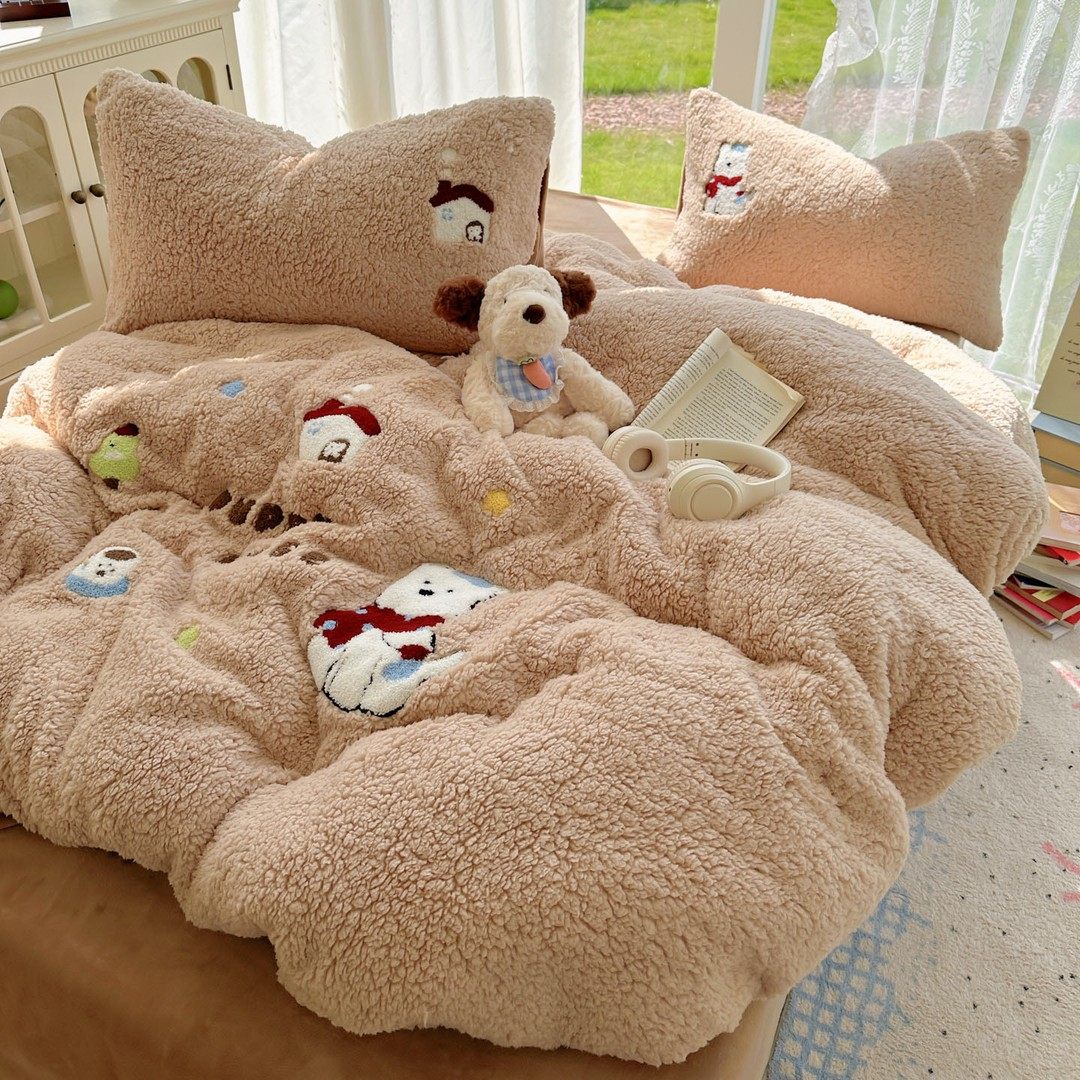 保暖床品套件羊羔绒宿舍四件套绒被被罩绒毛毯单人毛巾绣工艺床品