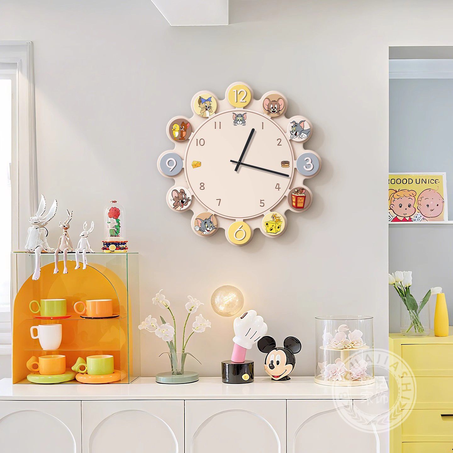 卡通创意儿童房挂钟装饰画猫和老鼠餐厅时钟网红可爱卧室钟表