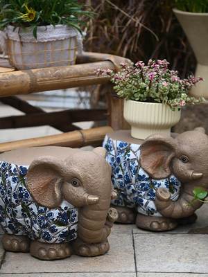 大象摆件一对花园庭院动物小凳子花盆底座装饰动物仿青花瓷新中式