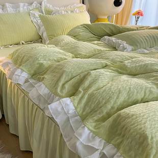 韩式 奶油风床上四件套床裙款 公主风小清新绿色花边被套床单三件套