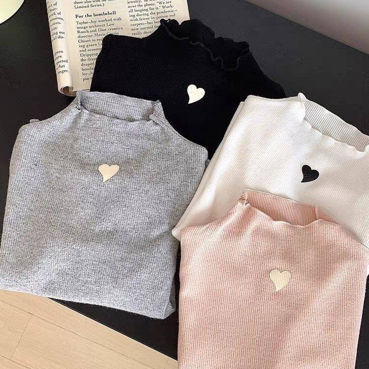 女童打底衫秋装新款半高领女孩儿童爱心印花长袖T恤内搭宝宝上衣